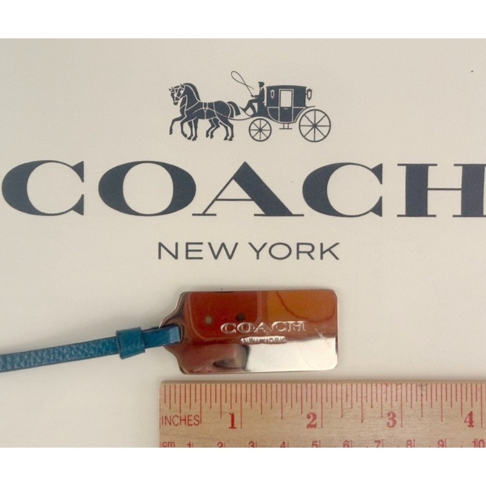 COACH|Medium|Brass Metal Purse Hang Tag Charm Blue Leather Strap Engraved 2.25x1